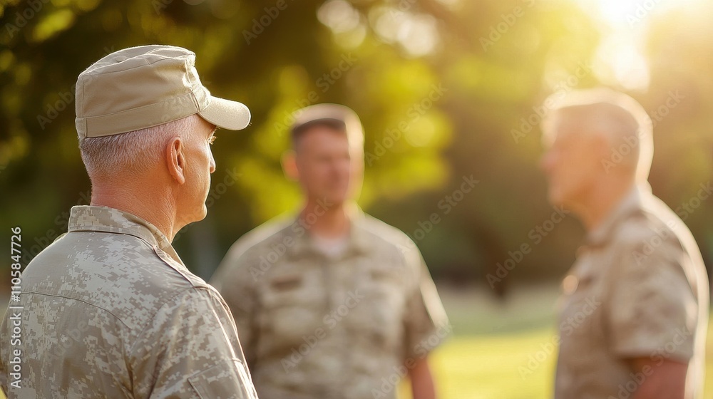 Veteran soldiers reunited in a serene park setting casual gathering nature's embrace warm afternoon light Veteran soldiers reunited in a serene park setting casual gathering nature's embrace warm afternoon light