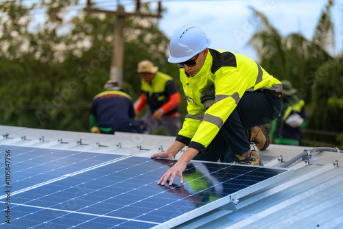 A skilled technician adjusts a solar panel on rooftop, emphasizing the transition to sustainable energy. Equipped with safety gear, the worker demonstrates precision in renewable energy installations.