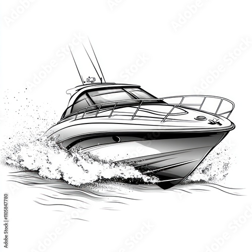 Here's a  and keyword list for your stock photo.. Sleek powerboat speeding across waves, monochrome illustration. photo