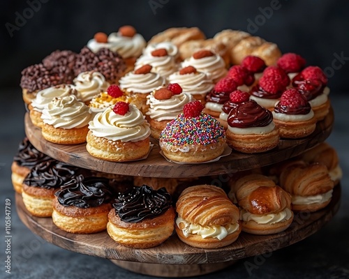 Elegant Tiered Stand Filled with Artfully Decorated Pastries clairs and Cream Puffs photo