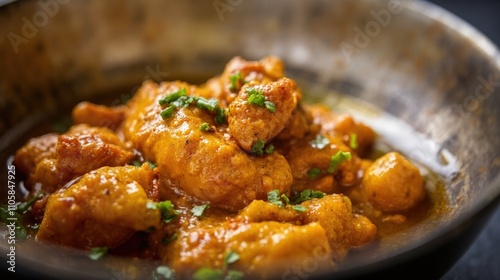Obraz na płótnie Exotic Indian-Style Curry Bowl with Tandoori Chicken and Fresh Herbs w salonie