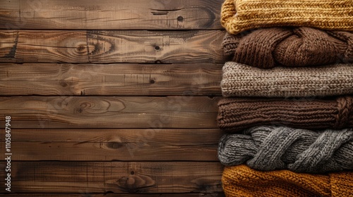 Knitted brown and warm clothes lineup on wooden background photo