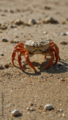 Crab scuttling along a sandy beach.