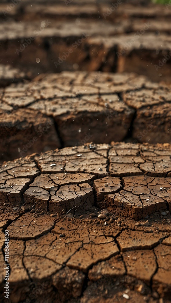 Fototapeta premium Cracked clay soil with raindrops, symbolizing drought and renewal.