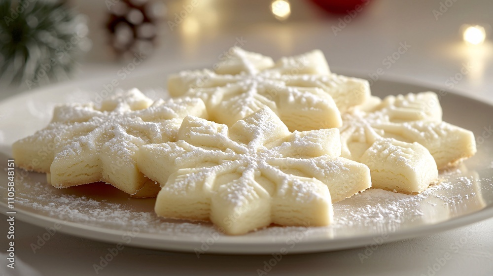 Festive Holiday Cookies in Star and Snowflake Shapes on White Plate with Powdered Sugar Dusting, Warmth and Simplicity Captured in Precise Close-Up - Vibrant and Refreshing Atmosphere Stock Photo Festive Holiday Cookies in Star and Snowflake Shapes on White Plate with Powdered Sugar Dusting, Warmth and Simplicity Captured in Precise Close-Up - Vibrant and Refreshing Atmosphere Stock Photo