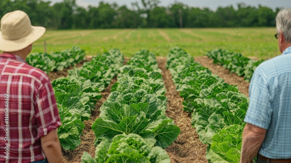 Agricultural and community support concept. Farmers observing a lush vegetable field under a cloudy sky. Agricultural and community support concept. Farmers observing a lush vegetable field under a cloudy sky.