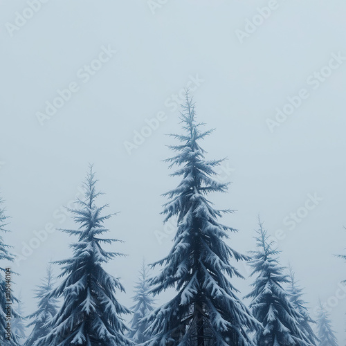 Foggy fir trees stand frostily against a grey winter sky, their branches etched in delicate lines as snowflakes swirl around them,  winter wonderland,  frozen foliage photo