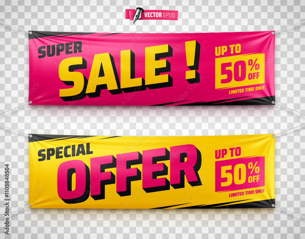 Fototapeta premium Vector realistic illustration of promotional banners on a transparent background.