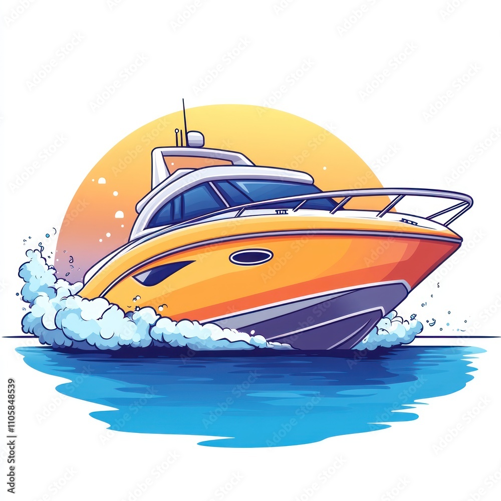 Here's a caption and keywords for your image.. Orange powerboat speeding across ocean waves at sunset. Here's a caption and keywords for your image.. Orange powerboat speeding across ocean waves at sunset.
