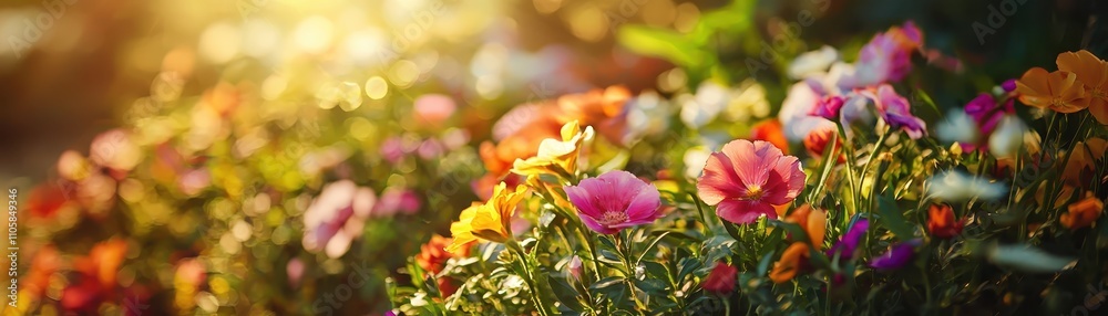 Naklejka premium Vibrant garden blooms in warm sunlight, showcasing colorful flowers in a serene setting, capturing the essence of nature's beauty and tranquility.
