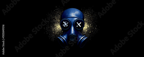 A striking blue gas mask against a dark backdrop, featuring unique cross markings on the lenses, evoking themes of mystery and protection. photo