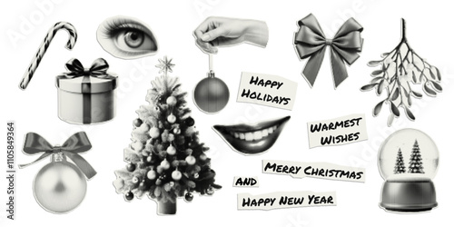 Happy New Year. Set of vectors cut out holiday elements. Trendy decor with halfton effect for a greeting card, collage, cover design.