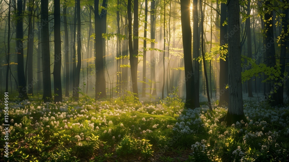 **: A quiet forest bathed in the gentle light of sunrise, with beams of sun creating a mosaic of light and shadow on the fresh spring foliage. **: A quiet forest bathed in the gentle light of sunrise, with beams of sun creating a mosaic of light and shadow on the fresh spring foliage.