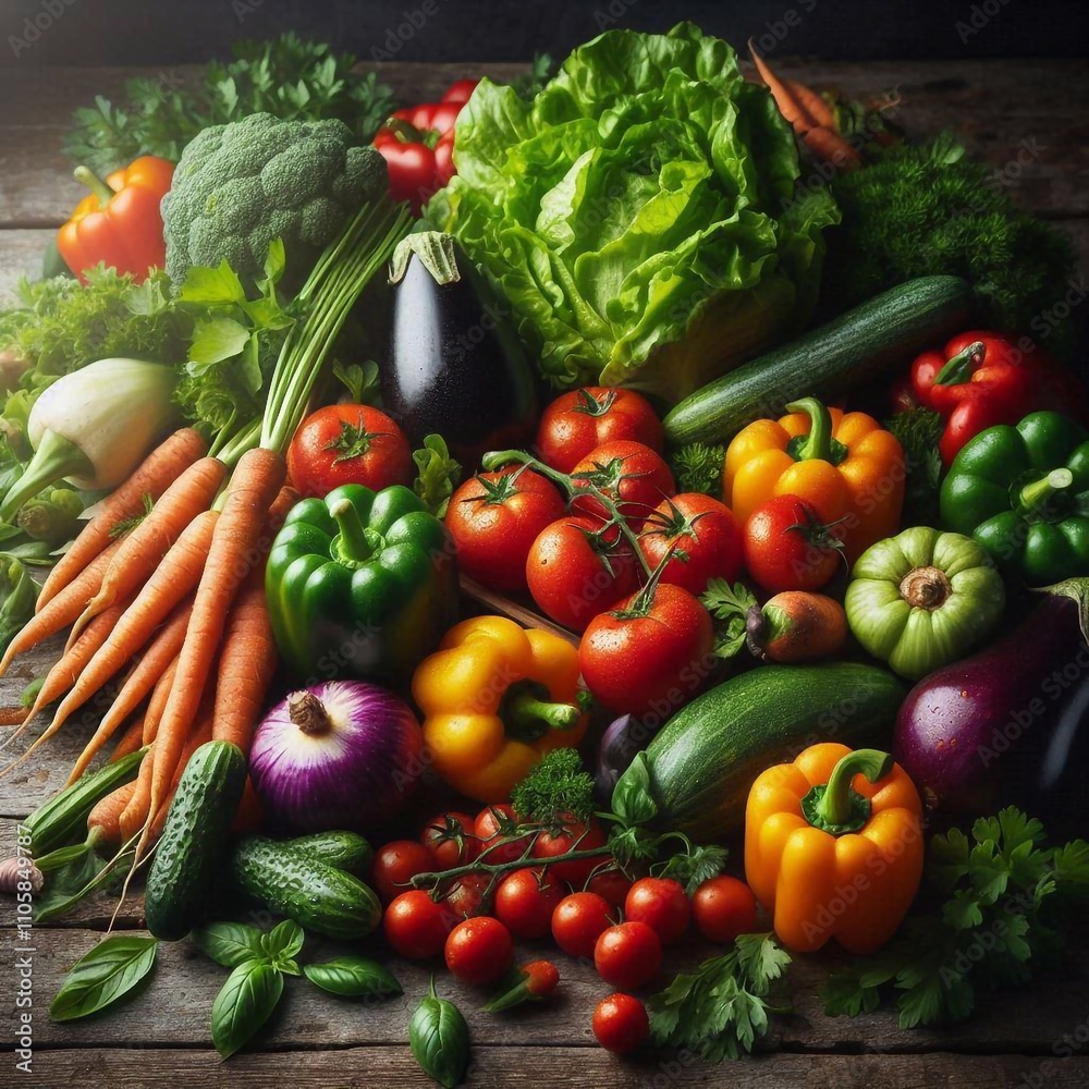 Vibrant Farm-Fresh Vegetables on a Rustic Wooden Table Vibrant Farm-Fresh Vegetables on a Rustic Wooden Table