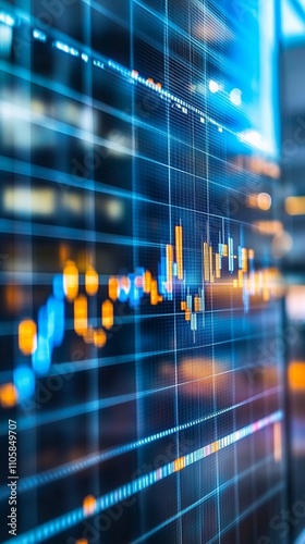 Dynamic stock market chart illuminated in vibrant blue and orange hues, showcasing real-time financial data trends and market volatility on a digital display.