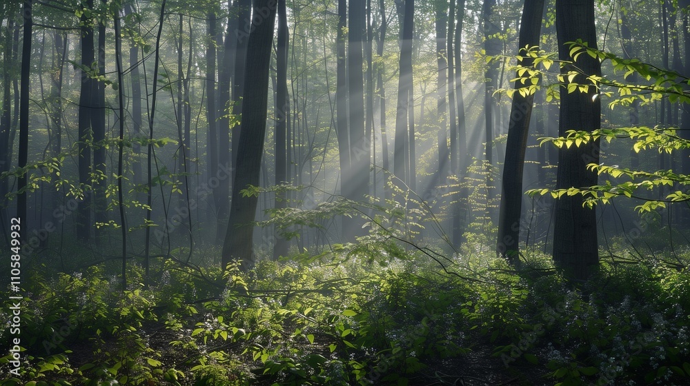 Obraz premium **: A quiet forest bathed in the gentle light of sunrise, with beams of sun creating a mosaic of light and shadow on the fresh spring foliage.