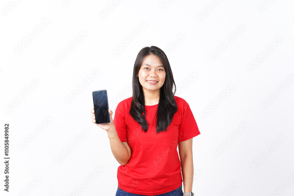 Showing Apps or Ads On Blank Screen Smartphone Of Beautiful Asian Woman wearing red shirt Isolated On White Background Showing Apps or Ads On Blank Screen Smartphone Of Beautiful Asian Woman wearing red shirt Isolated On White Background
