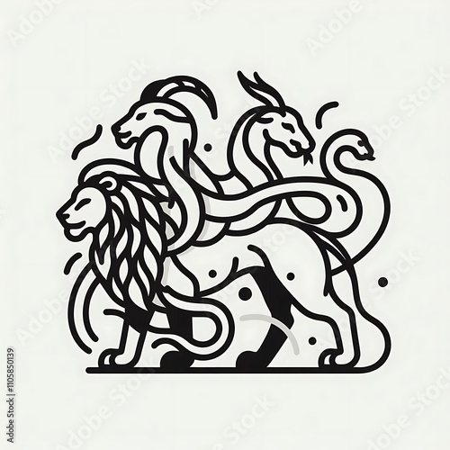 Stylized illustration of a lion with mythical creatures. photo