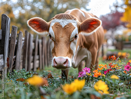 Brown and white cow in a field of flowers near a wooden fence. photo