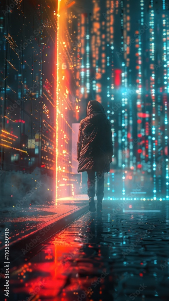 Obraz premium A lone figure stands in the middle of a futuristic neon lit cityscape on a rainy night creating a dramatic