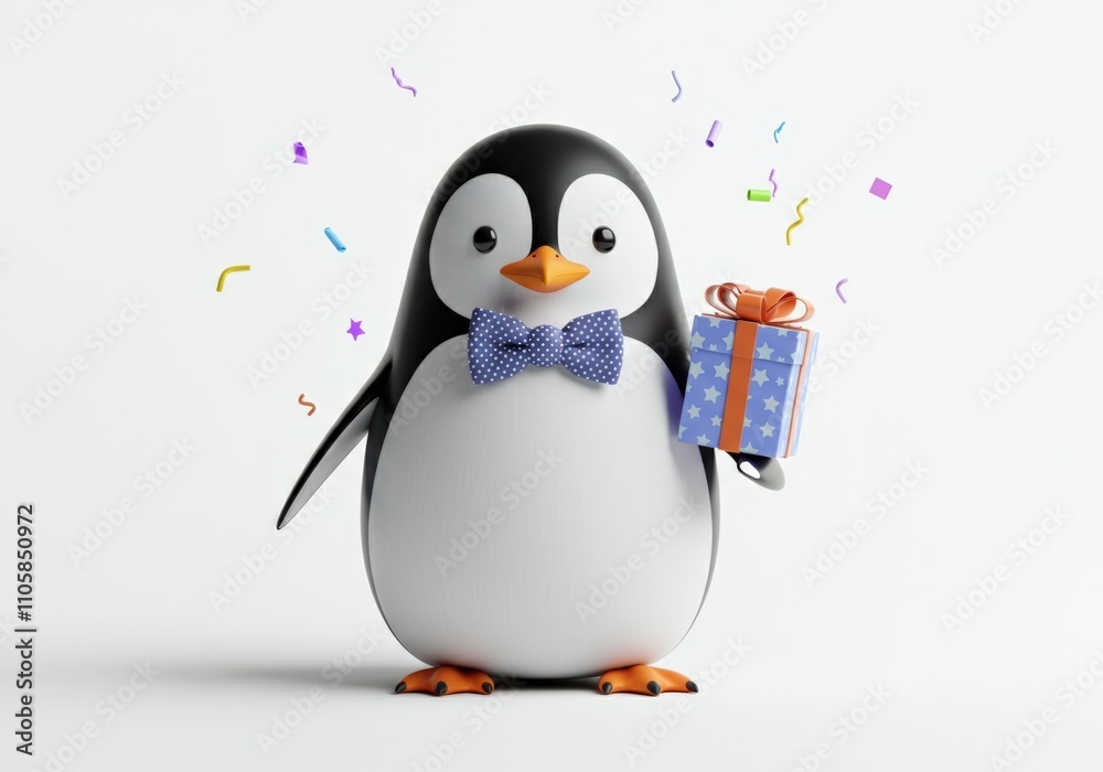 Fototapeta premium Adorable Penguin with Birthday Gift