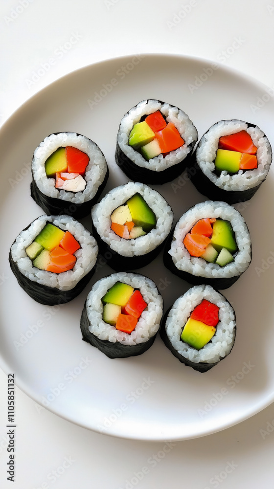 Delight in these vibrant vegetable sushi rolls arranged beautifully on a plate. A perfect fusion of fresh ingredients for sushi lovers and healthy eaters alike. Delight in these vibrant vegetable sushi rolls arranged beautifully on a plate. A perfect fusion of fresh ingredients for sushi lovers and healthy eaters alike.