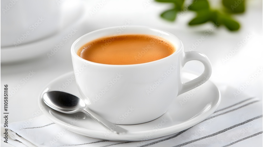 Espresso shot in a small cup, resting on a saucer with a teaspoon, minimal design, soft lighting Espresso shot in a small cup, resting on a saucer with a teaspoon, minimal design, soft lighting
