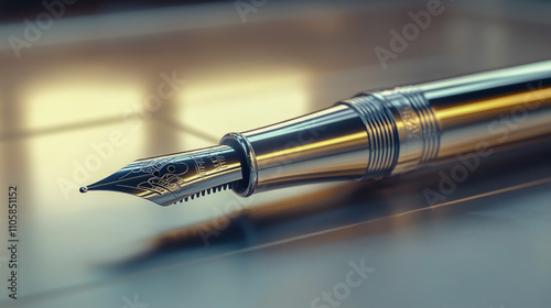 High-resolution close-up of a classic fountain pen with detailed focus on the nib copy photo