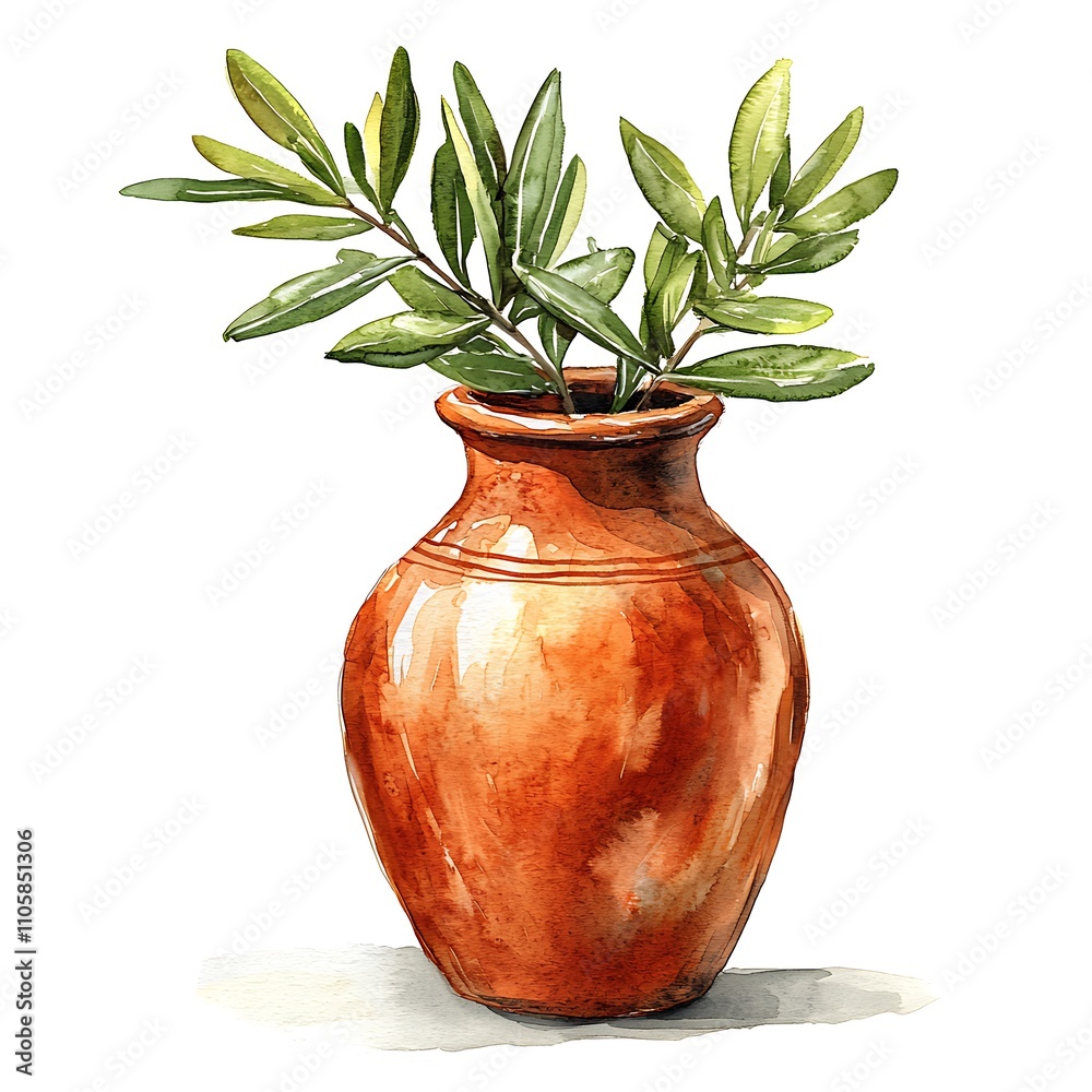 Watercolor Painting of Olive Branches in a Terracotta Vase. Watercolor Painting of Olive Branches in a Terracotta Vase.