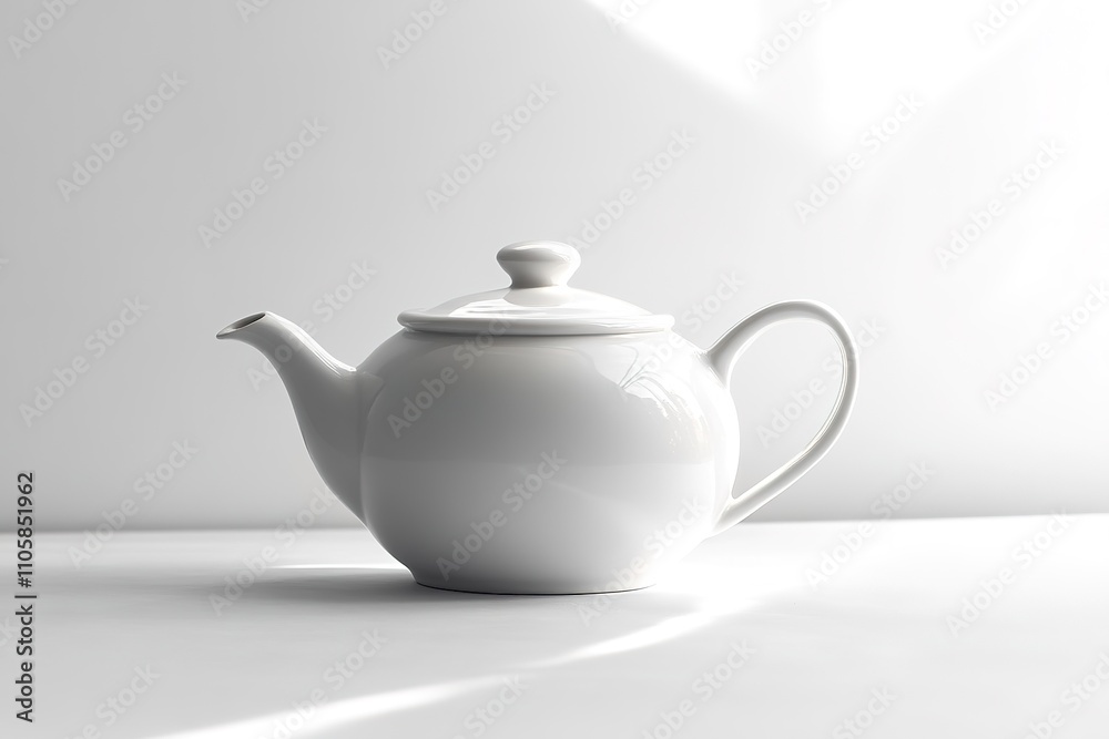White teapot on sunny table with shadows White teapot on sunny table with shadows
