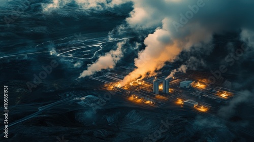 Aerial View of Geothermal Power Generation Site: Early Morning Volcanic Landscape with Integrated Underground Systems and Precision Engineering Details in Dramatic Context. photo