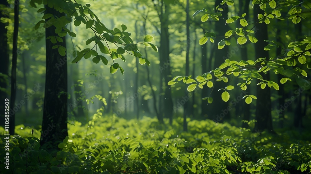 **: A tranquil forest bathed in the gentle light of the spring sun, with vibrant green leaves creating a lush, verdant scene. **: A tranquil forest bathed in the gentle light of the spring sun, with vibrant green leaves creating a lush, verdant scene.