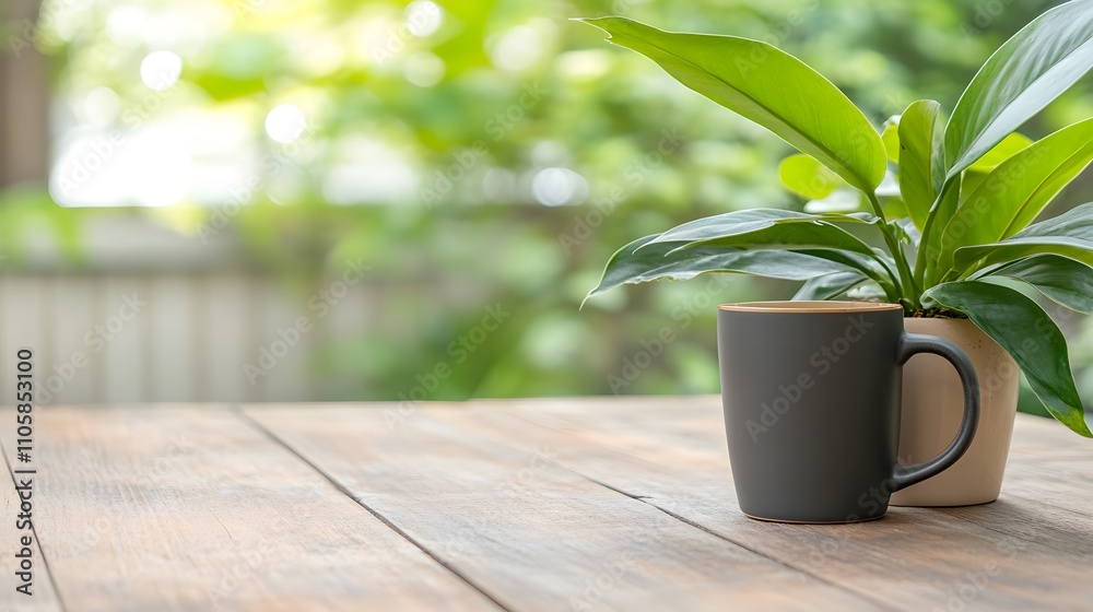 Hot drink in a travel mug on an outdoor patio table, early morning light, surrounded by greenery Hot drink in a travel mug on an outdoor patio table, early morning light, surrounded by greenery