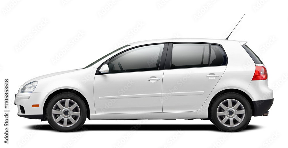 Modern European car with a side view, hatchback body, all white. In png format on a transparent background. Modern European car with a side view, hatchback body, all white. In png format on a transparent background.