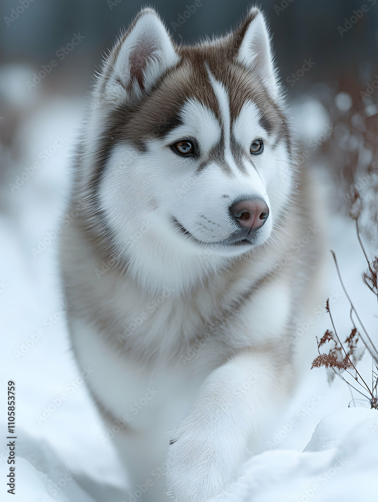 Close-up of a Siberian Husky dog walking in snowy winter scene. Close-up of a Siberian Husky dog walking in snowy winter scene.