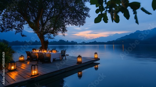 A panoramic view of a serene lakeside villa with glowing lanterns and a private dinner setup on the dock for Valentine s Eve. photo