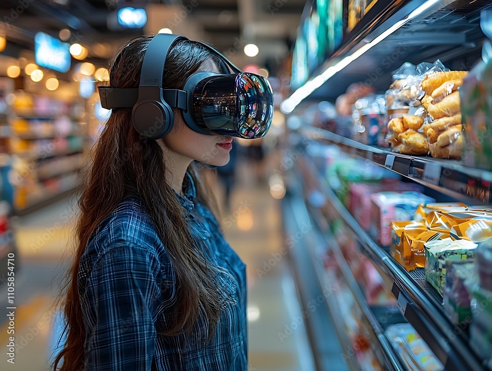 Person Wearing VR Glasses in a Virtual Shopping Mall Browsing Floating Digital Items Person Wearing VR Glasses in a Virtual Shopping Mall Browsing Floating Digital Items