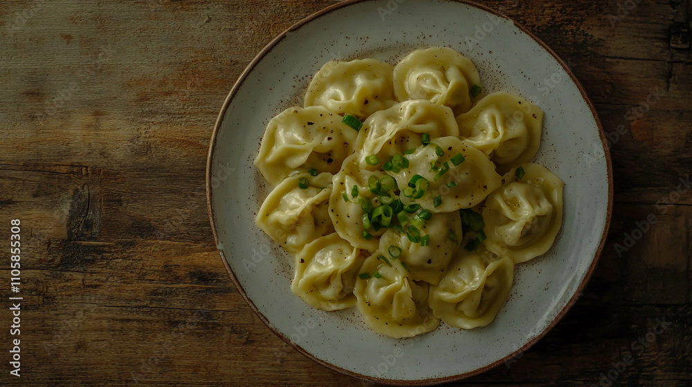 Overhead view of a delicious plate of traditional pelmeni dumplings garnished with fresh green onions Overhead view of a delicious plate of traditional pelmeni dumplings garnished with fresh green onions