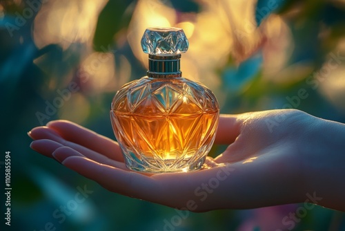 Female hand holding elegant glass perfume bottle in front of sunset and blurred natural background photo