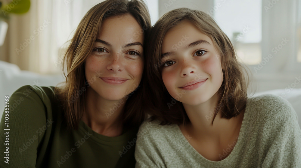 Cinematic Photograph of a Happy Mother and Daughter in a White Bedroom Cinematic Photograph of a Happy Mother and Daughter in a White Bedroom
