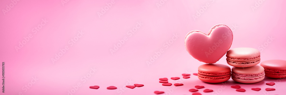 Heart shaped macarons cookies on pink panoramic background, Valentine's Day love web banner with copy space