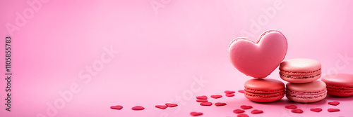 Obraz na płótnie Heart shaped macarons cookies on pink panoramic background, Valentine's Day love web banner with copy space w salonie