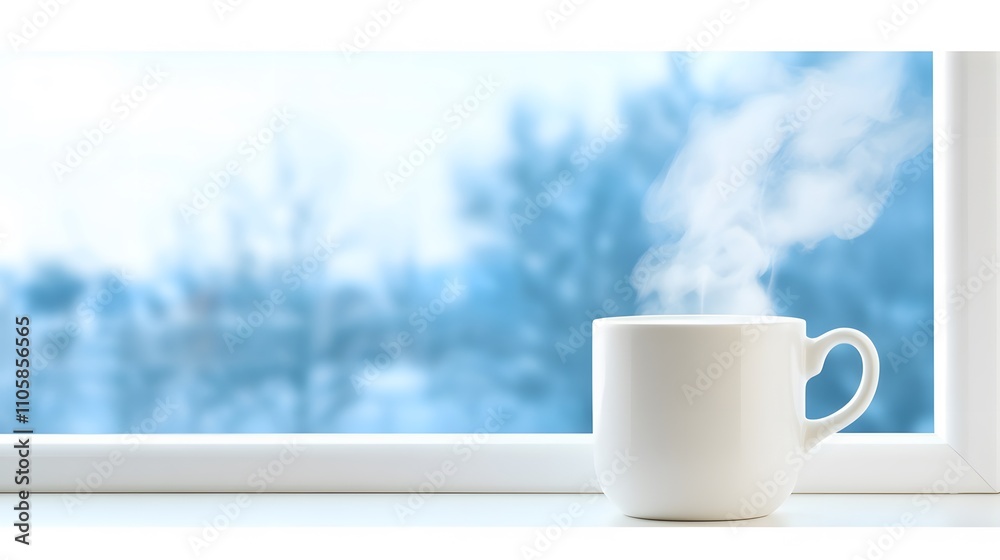 Steaming cup of milk on a windowsill, natural light streaming in, serene and warm ambiance Steaming cup of milk on a windowsill, natural light streaming in, serene and warm ambiance