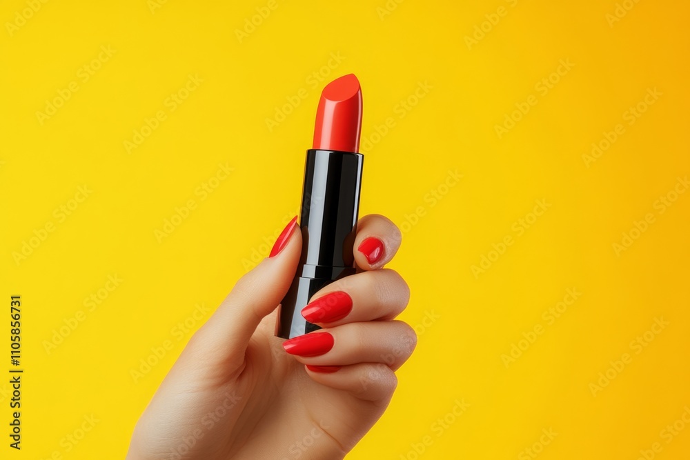 Woman hand with red nails holding red lipstick on yellow background Woman hand with red nails holding red lipstick on yellow background