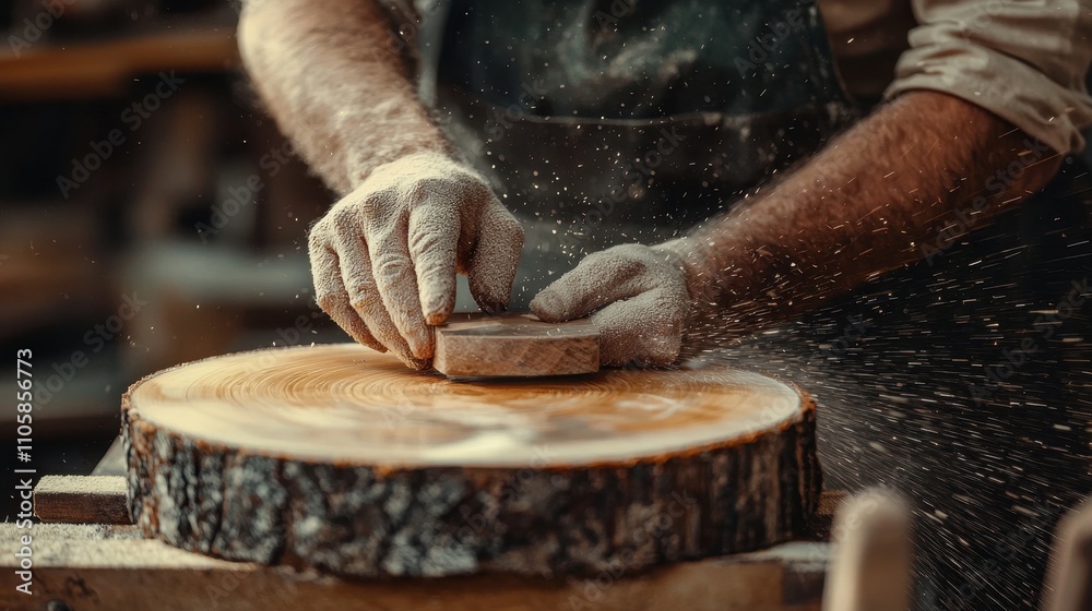 Artisan Craftsman Polishing Handmade Wooden Surface with Care in Workshop Environment Artisan Craftsman Polishing Handmade Wooden Surface with Care in Workshop Environment