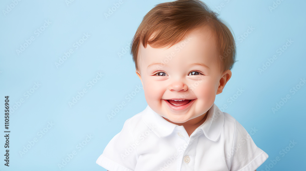 Portrait of smiling laughing boy child with Down syndrome blue background. Portrait of smiling laughing boy child with Down syndrome blue background.