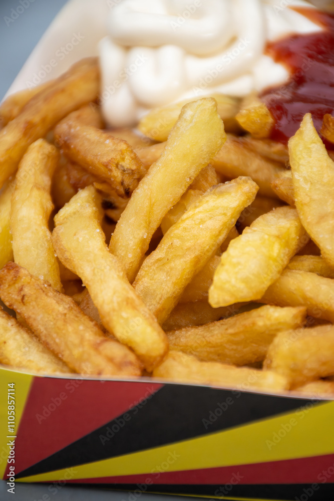 Belgian street and fast food, paper box in colors of Belgian flag with fried potato frit chips and ketchup and mayonnaise sauсe Belgian street and fast food, paper box in colors of Belgian flag with fried potato frit chips and ketchup and mayonnaise sauсe
