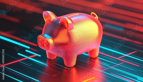 A vibrant, digital piggy bank sits against a backdrop of colorful data lines, symbolizing savings and modern finance.