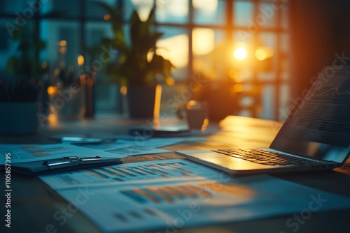 Laptop displaying statistics with charts and graphs lying on desk with paperwork in office at sunset