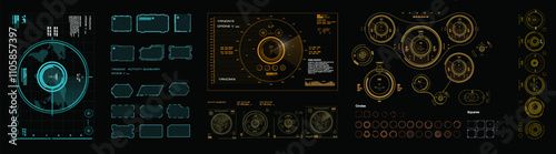 Big set HUD interface elements. Radars, frames and sights. Collection futuristic radars and geolocation devices. Modern set of elements for user interface HUD on black background